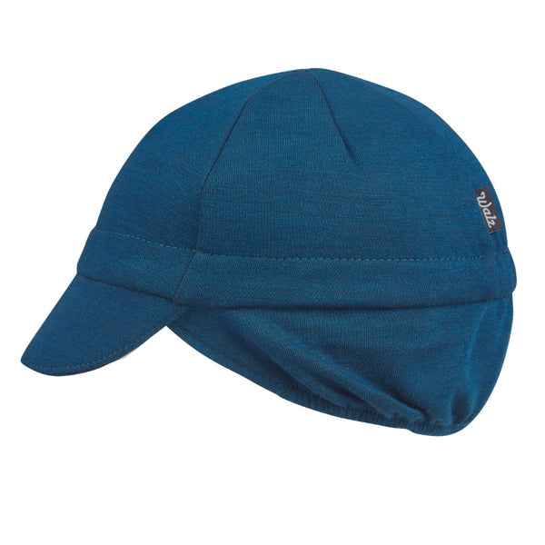 Blue Merino Wool Ear Flap Cap.  Side view.