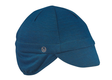 Blue Merino Wool Ear Flap Cap.  Angled view.