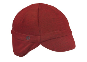 Red Merino Wool 4-Panel Ear Flap Cap. Angled view.
