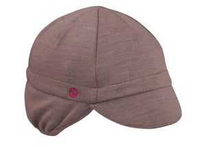 Grey Merino Wool 4-Panel Ear Flap Cap. Angled view.