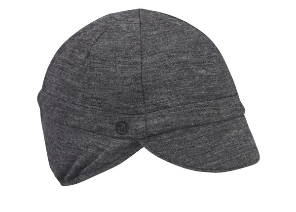 Charcoal Merino Wool 4-Panel Ear Flap Cap. Angled view.