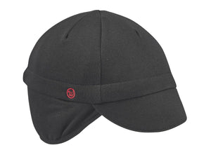 Black Merino Wool Ear Flap Cap.  4-panel wool cap with ear flaps.  Angled view.