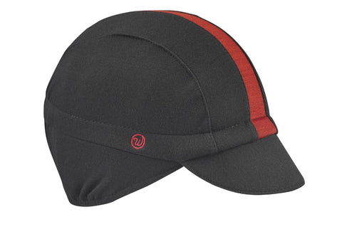 Black/Red Stripe Merino Wool Ear Flap Cap. Angled view.