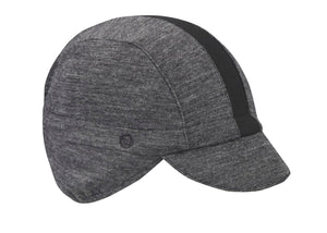 Charcoal/Black Stripe Merino Wool Ear Flap Cap.  Angled view.