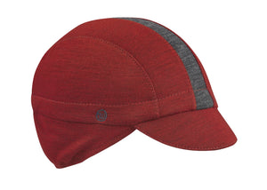 Red/Charcoal Stripe Merino Wool Ear Flap Cap. Angled view.