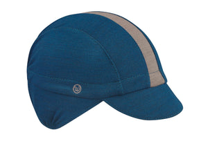 Blue/Grey Stripe Merino Wool Ear Flap Cap.  Angled view.