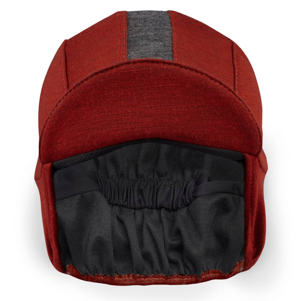 Red/Charcoal Stripe Merino Wool Ear Flap Cap. Brim up front view.