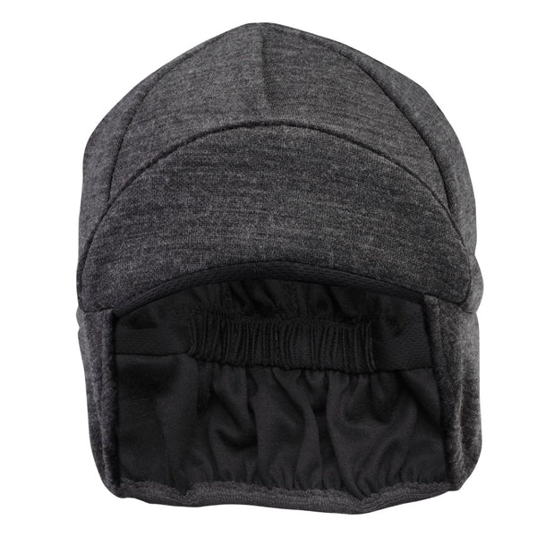 Charcoal Merino Wool 4-Panel Ear Flap Cap. Brim up front view.