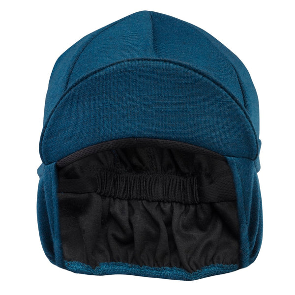 Blue Merino Wool Ear Flap Cap.  Brim up top view.