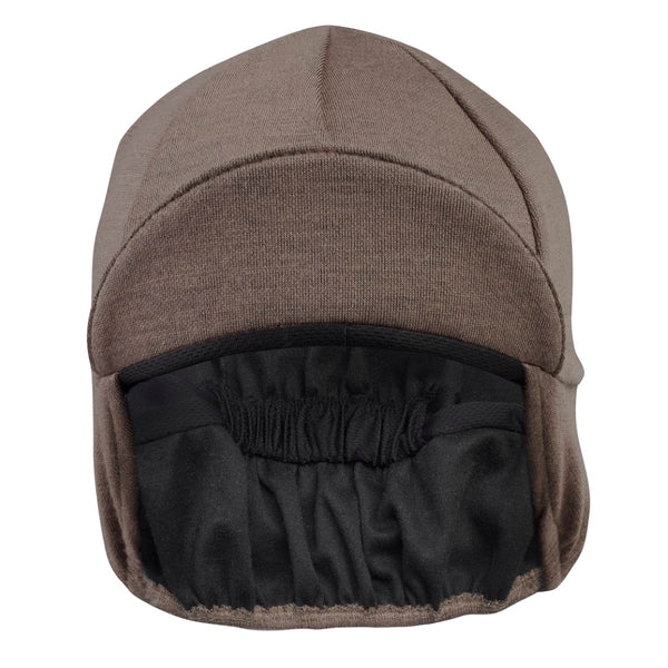 Grey Merino Wool 4-Panel Ear Flap Cap. Brim up front view.