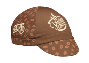 "Coffee" Technical 4-Panel Cap.  Brown cap with coffee bean print.  Bike icon on side, premium coffee text on front panel.  Angled View.