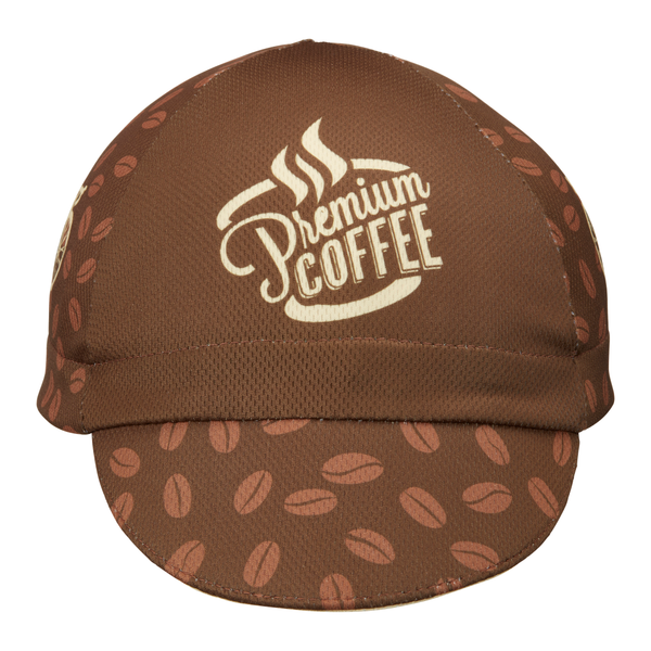 "Coffee" Technical 4-Panel Cap.  Brown cap with coffee bean print.  Bike icon on side, premium coffee text on front panel.  Front View. Bill down.