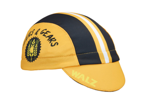 "Beers & Gears" Technical 3-Panel Cap.  Yellow cap with black and white stripes.  Beers and gears text and hops logo on side panel.  Angled View.