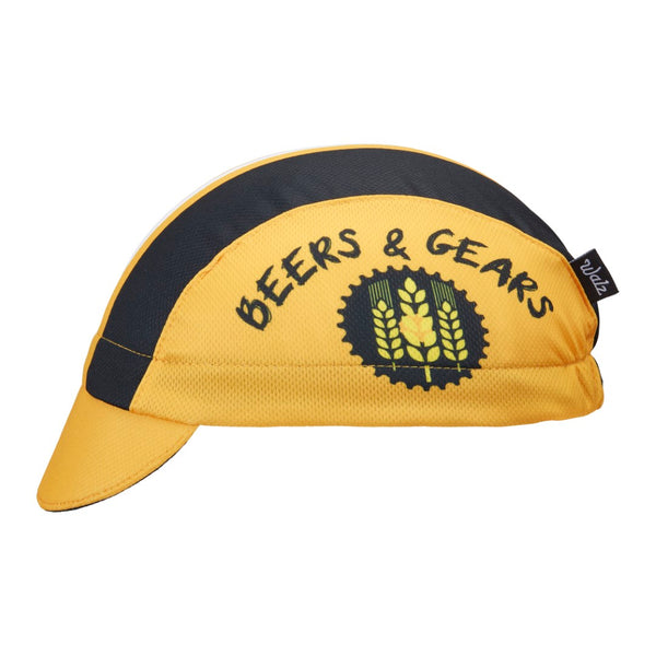 "Beers & Gears" Technical 3-Panel Cap.  Yellow cap with black and white stripes.  Beers and gears text and hops logo on side panel.  Side View.