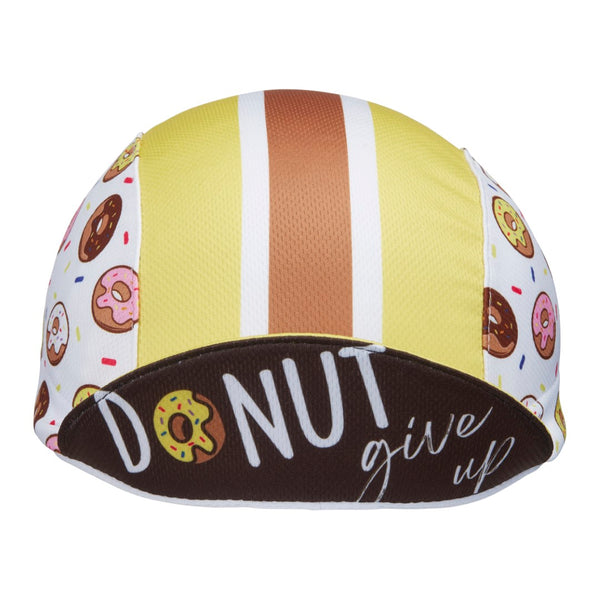 "Donut" Technical 3-Panel Cap.  Yellow cap with brown and white stripes and donut print.  Front View. Brim up.  Under-brim text Donut Give Up.