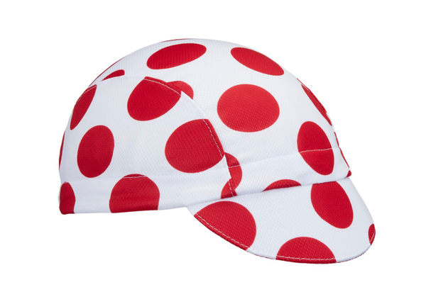 "King of the Mountain" Technical 3-Panel Cap.  White cap with red polka-dots.  Angled view.