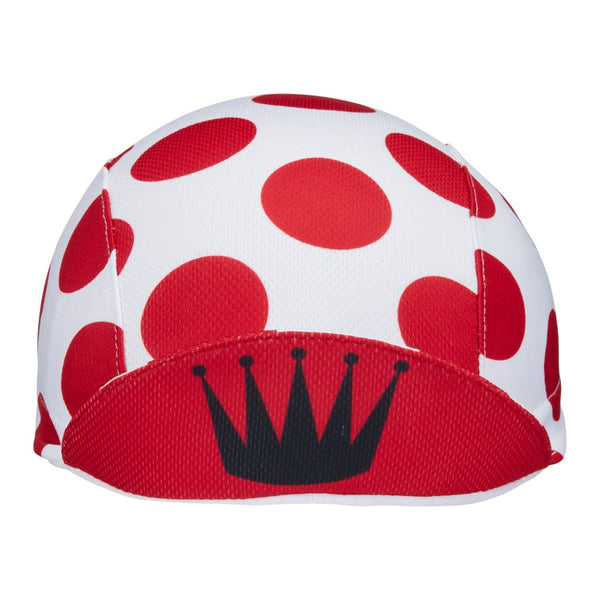 "King of the Mountain" Technical 3-Panel Cap.  White cap with red polka-dots.  Front view. Bill up.  Black crown on underside of bill.