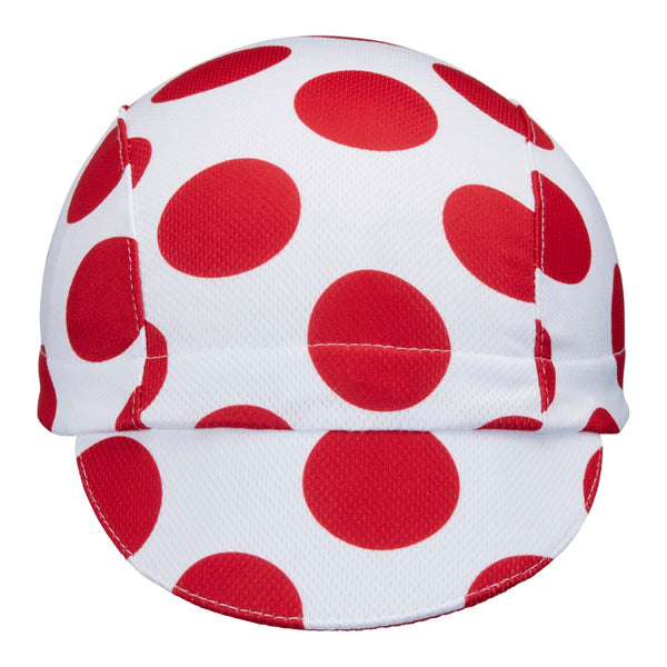 "King of the Mountain" Technical 3-Panel Cap.  White cap with red polka-dots.  Front view. Bill down.