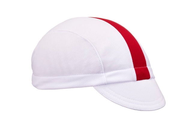 White/Red Stripe Technical 3-Panel Cap.  Angled view.