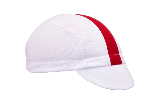 White/Red Stripe Technical 3-Panel Cap.  Angled view.