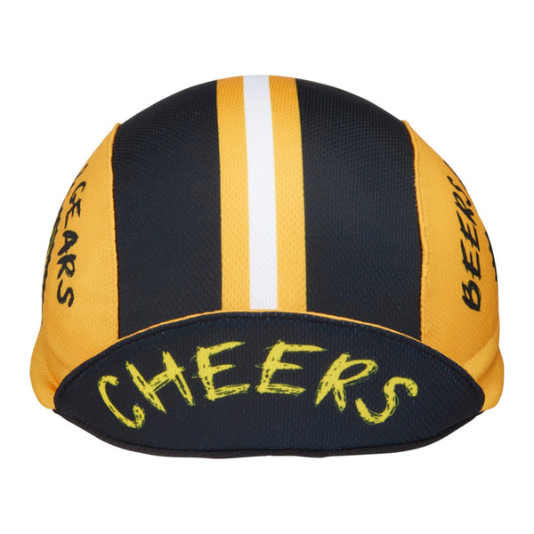 "Beers & Gears" Technical 3-Panel Cap.  Yellow cap with black and white stripes.  Beers and gears text and hops logo on side panel.  Front View. Bill up.  Cheers text on underside of bill.
