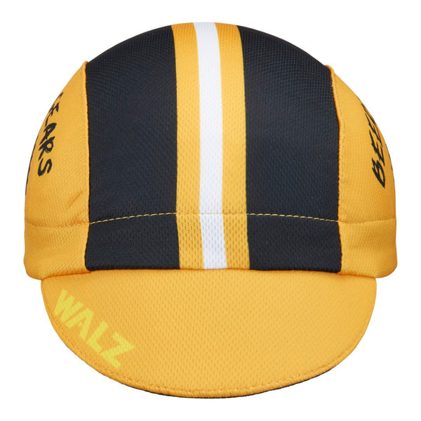 "Beers & Gears" Technical 3-Panel Cap.  Yellow cap with black and white stripes.  Beers and gears text and hops logo on side panel.  Front View. Bill down.