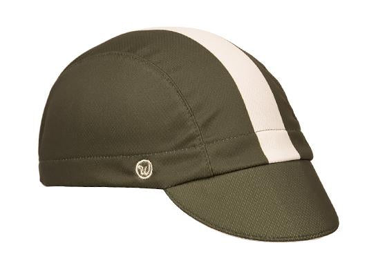 "Woodland" 3-Panel Technical Cap.  Green with white stripe.  Angled view.