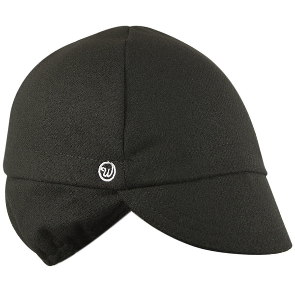 Black Wool Flannel Ear Flap 4-Panel Cap.  Angled view.