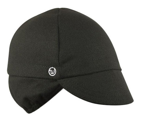 Black Wool Flannel Ear Flap 4-Panel Cap.  Angled view.