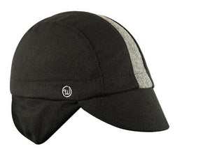 Black/Grey Wool Flannel Ear Flap Cap 3-Panel.  Gray contrasting stripe.  Angled view.
