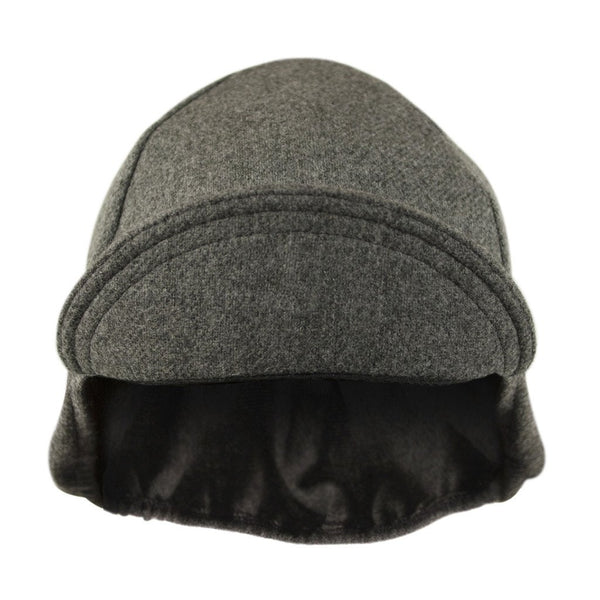 Grey Wool Flannel Ear Flap 4-Panel Cap.  Brim up front view.