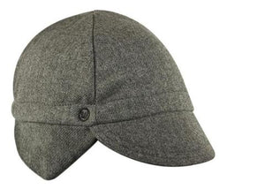 Grey Wool Flannel Ear Flap 4-Panel Cap.  Angled view.
