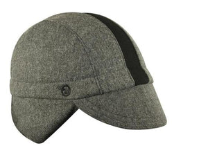 Grey/Black Stripe Wool Flannel Ear Flap Cap.  Angled view.