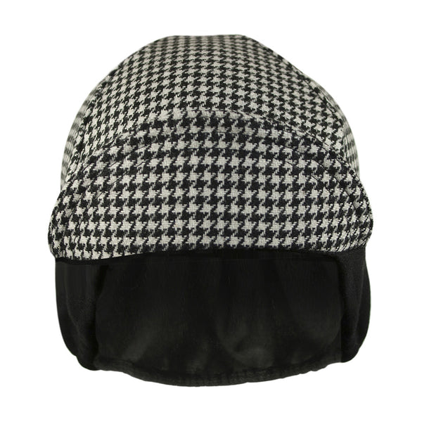 Houndstooth Wool Flannel Ear Flap Cap.  Black and white houndstooth.  Brim up front view.