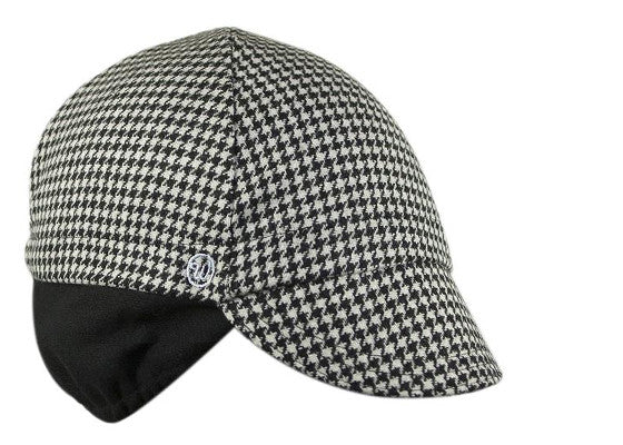 Houndstooth Wool Flannel Ear Flap Cap.  Black and white houndstooth.  Angled view.