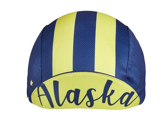 Alaska Technical 3-panel Cycling Cap.  Blue cap with yellow stripes and stars.  Alaska text on underside of brim.  Brim up front view.