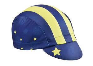 Alaska Technical 3-panel Cycling Cap.  Blue cap with yellow stripes and stars.  Angled view.
