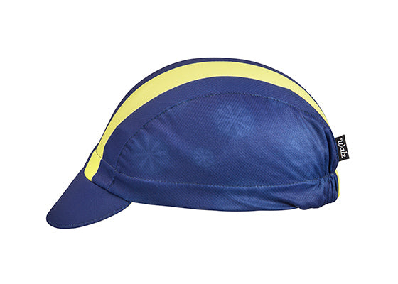 Alaska Technical 3-panel Cycling Cap.  Blue cap with yellow stripes and faded wheel print.  Side view.
