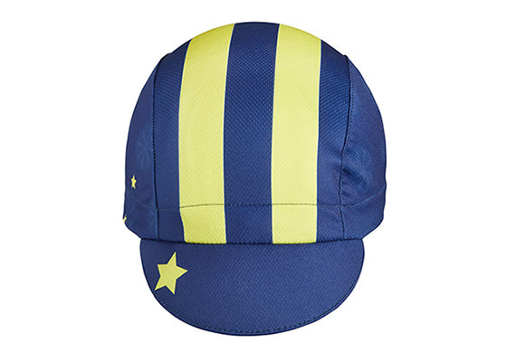 Alaska Technical 3-panel Cycling Cap.  Blue cap with yellow stripes and stars.  Front view.