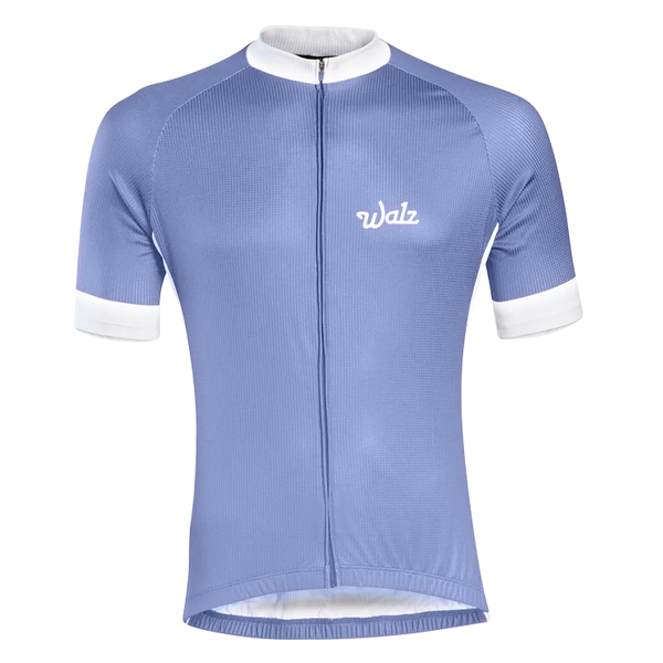 Light Blue short sleeve jersey with white accents on the neck, cuffs, and sides.  Front view.