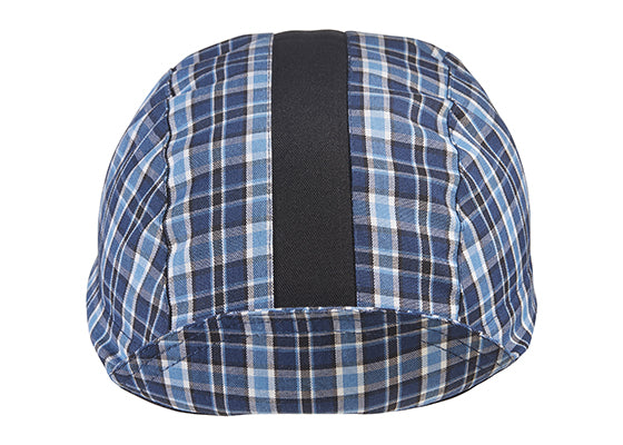 Blue/Black/Black Stripe 3-Panel Plaid Cotton Cycling Cap. Brim up front view.