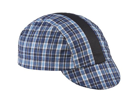 Blue and black plaid cotton 3-panel cap with black stripe.  Angled view.