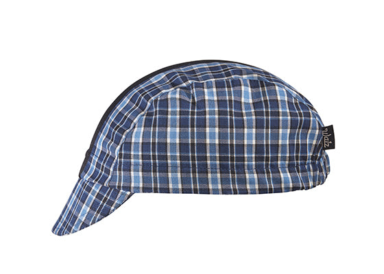 Blue/Black/Black Stripe 3-Panel Plaid Cotton Cycling Cap. Side view.