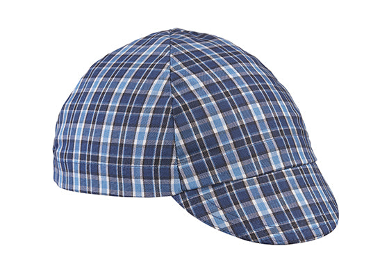 Blue/Black 4-Panel Plaid Cotton Cap.  Blue plaid. Angled view.