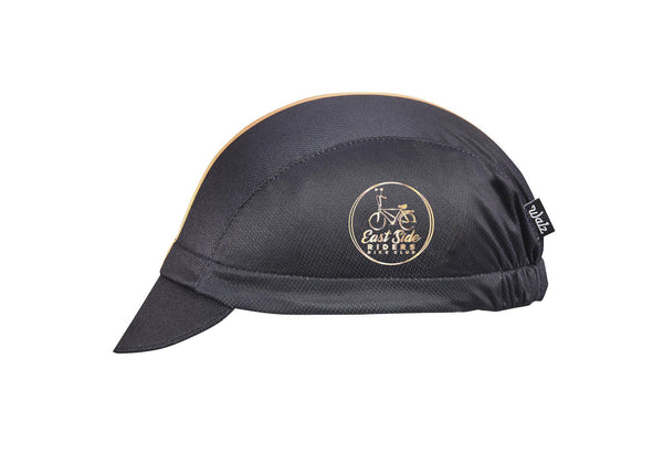 Cap For a Cause - East Side Riders Bike Club 3-Panel Technical Cycling Cap.  Black cap with yellow stripe and East Side Riders logo on the side.  Side view.