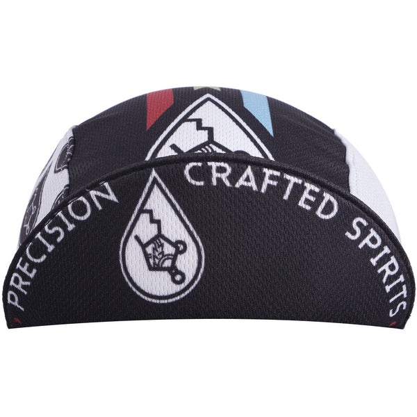 Kalamazoo Distilling Co. 3-Panel Technical Cycling Cap. Black and white cap with Kalamazoo Distilling Company imagery.  Brim up front view.