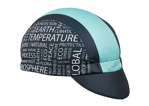 "Be The Change" Cap Technical 3-Panel Cap.  Black and light blue with eco-friendly key words on side panel.  Angled View.