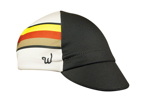 "Crank" Technical 4-Panel Cap.  Black and white cap with yellow, orange, and tan stripes.  Side View.