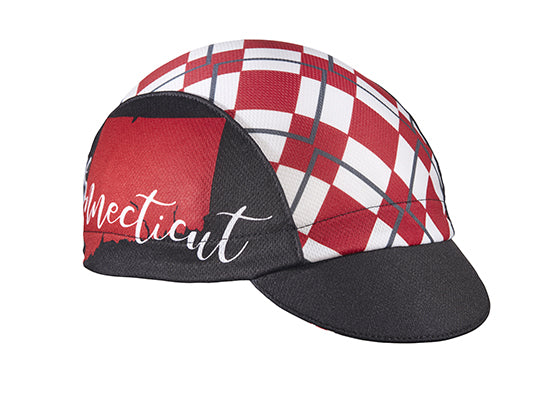 Connecticut Technical 3-Panel Cycling Cap.  Black cap with Red and white checkers and Connecticut state image and text on the side.  Angled view.
