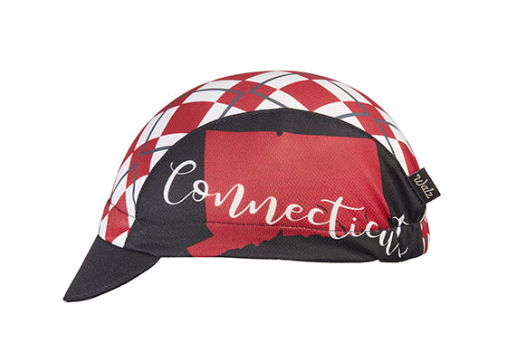 Connecticut Technical 3-Panel Cycling Cap.  Black cap with Red and white checkers and Connecticut state image and text on the side.  Side view.